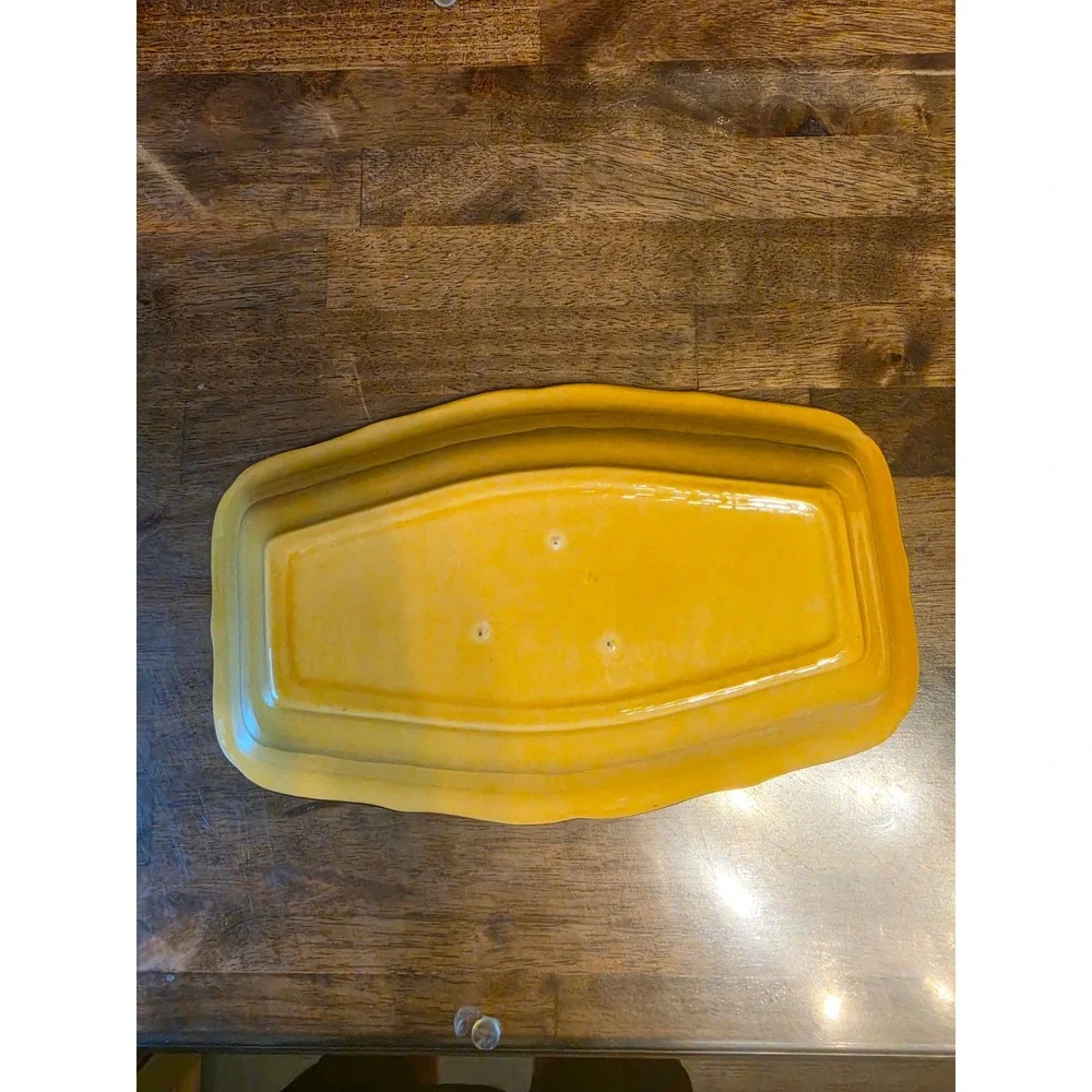 Vintage Yellow Divided Ceramic Serving Dish Scalloped Brown Rim Rectangular Tray